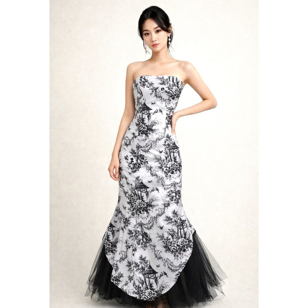 Vintage Scott McClintock Prom Dress 4 White Black 80s 90s Strapless Gown